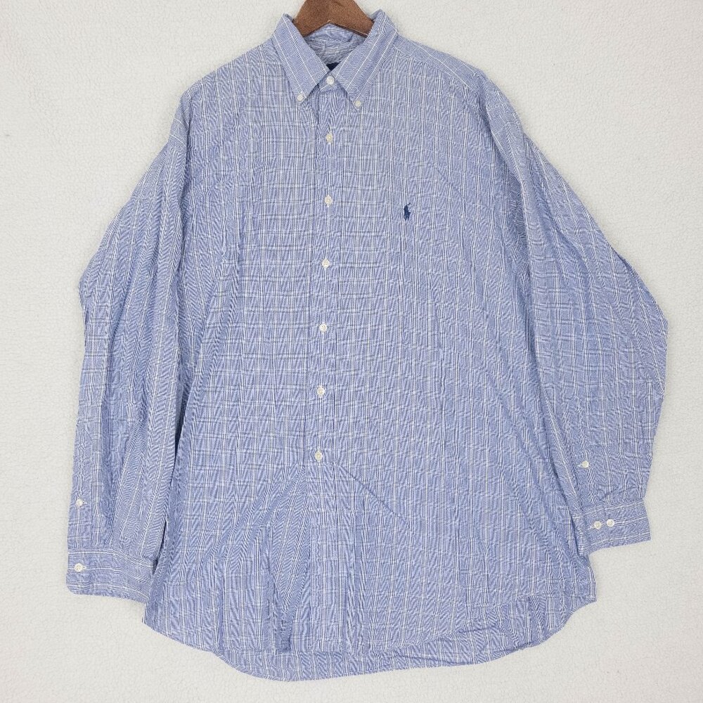 Vintage Ralph Lauren Shirt Mens 17.5 34 35 Extra Large Blue Plaid Yarmouth